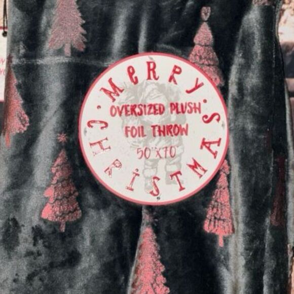 Christmas Grey with Red Christmas Tree blanket throw fuzzy oversized  plush foil - Picture 3 of 7